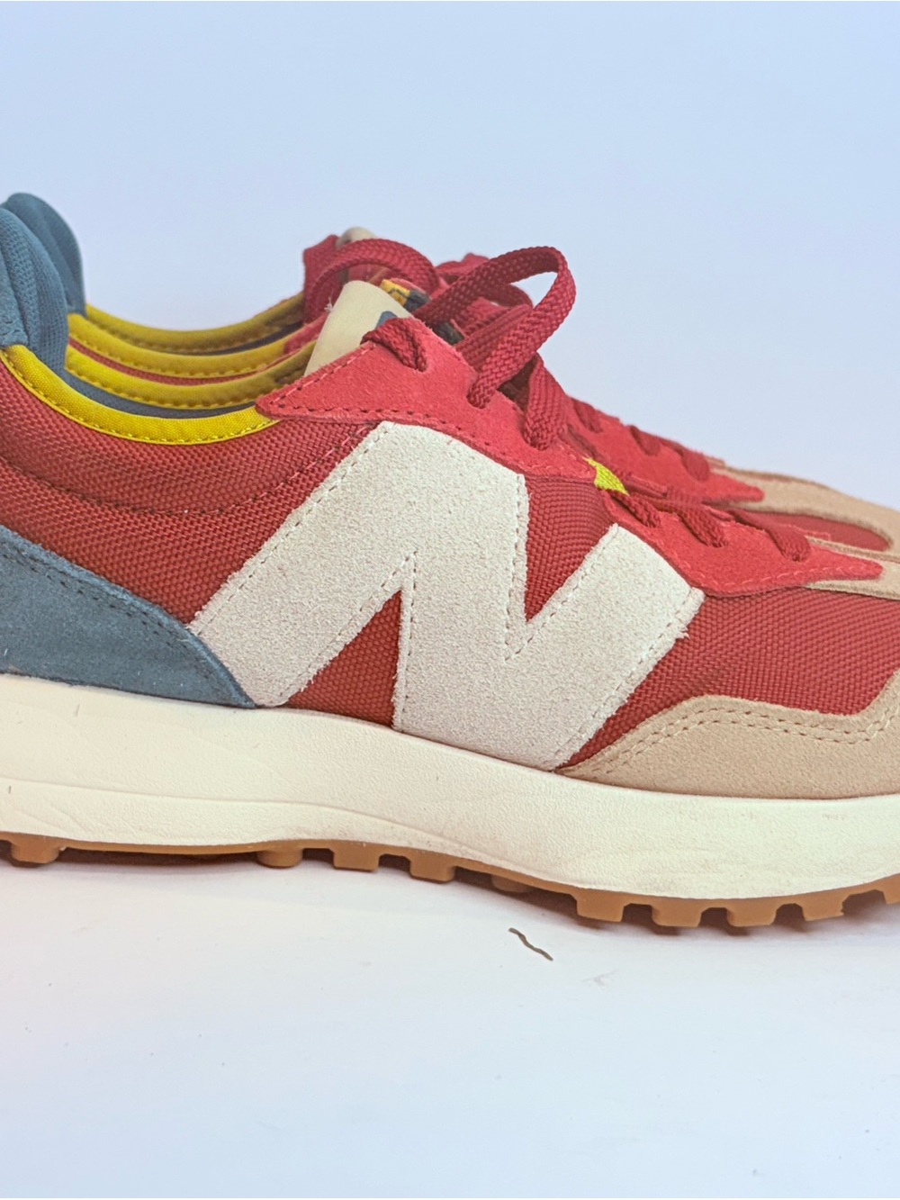 New Balance Red Suede & Mesh Sneaker with White 'N' and Yellow Accents